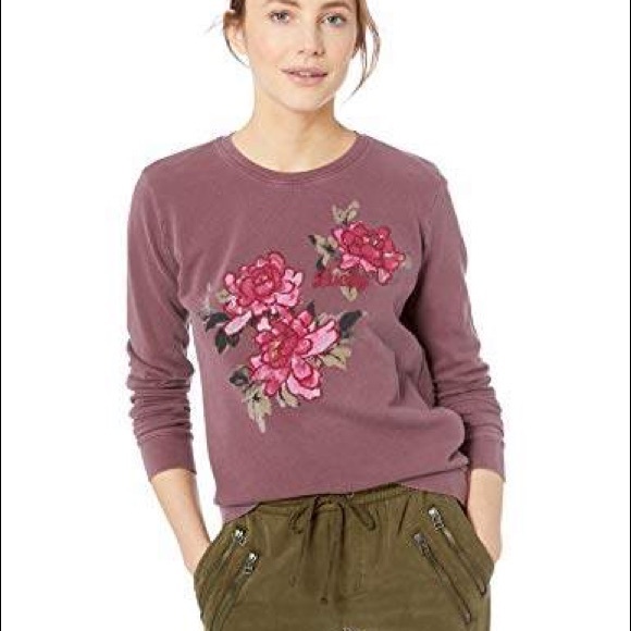 LUCKY BRAND DISTRESSED EMBROIDERED SWEATSHIRT